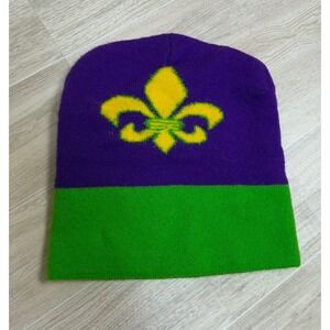 Purple Green Fleur de Lis Beanie Hat Mardi Gras Winter Knit Cap